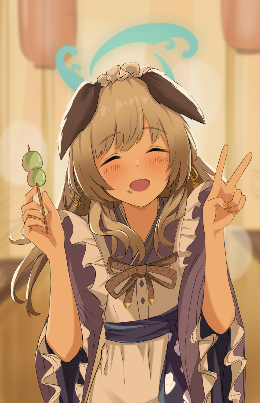 1girl, 4jiri, apron, blue_archive, blurry, blurry_background, blush, brown_eyes