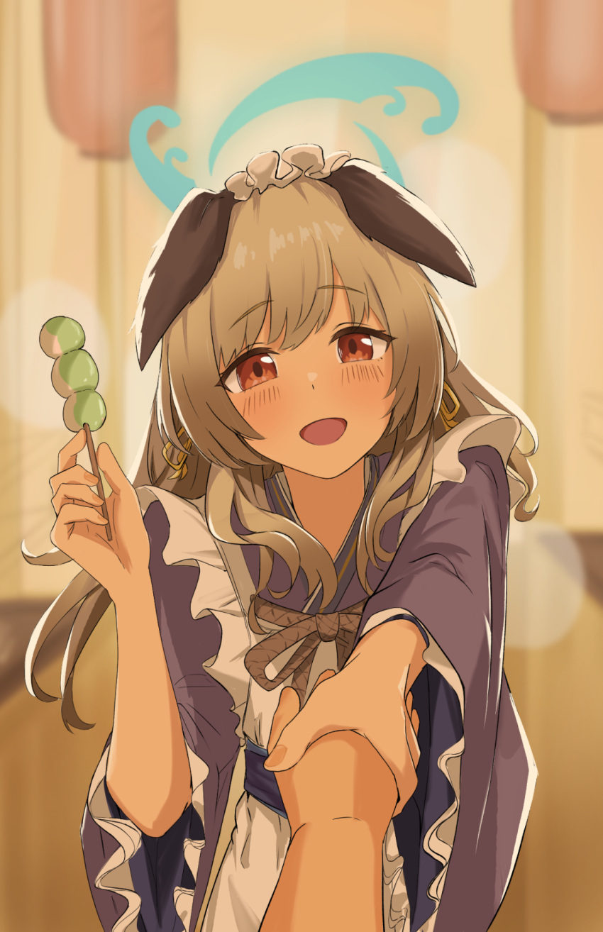 1girl, 4jiri, apron, blue_archive, blurry, blurry_background, blush, brown_eyes