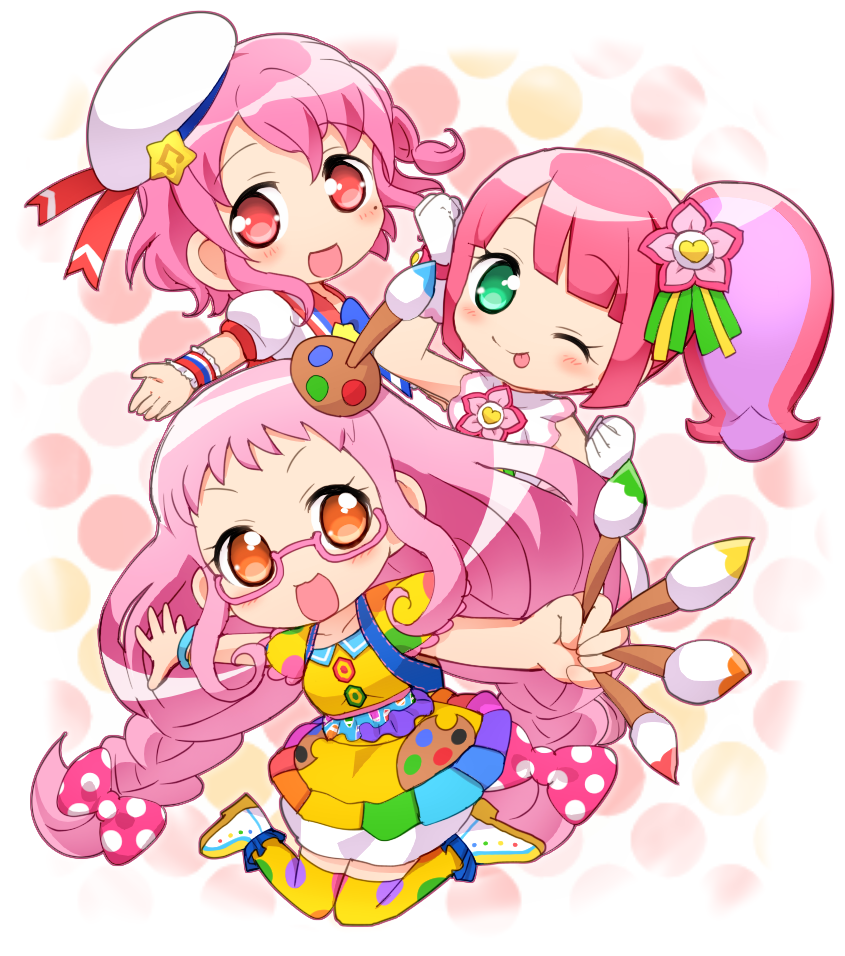 1boy, 2girls, :d, ;p, bow, braid, chibi, color_connection