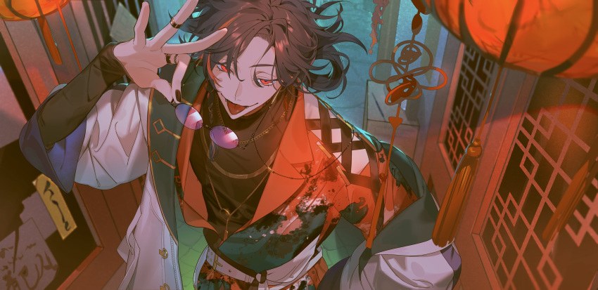 1boy, absurdres, architecture, belt, black_hair, black_shirt, chain_necklace, east_asian_architecture