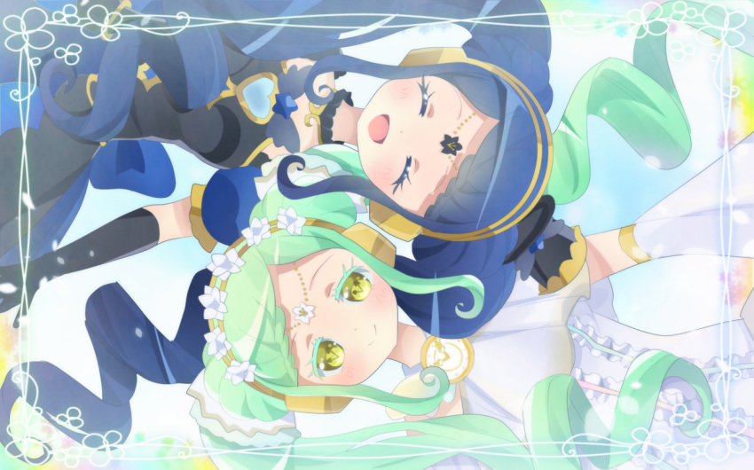 2girls, black_dress, black_gloves, black_hat, blue_hair, braid, braided_bangs, commentary_request