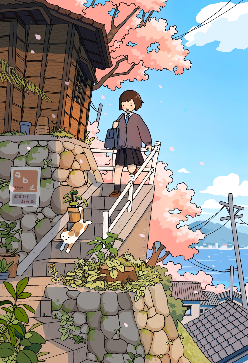 1girl, absurdres, architecture, bag, black_skirt, black_socks, blue_bag, blue_necktie