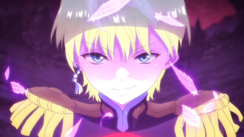 1girl, artist_request, blonde_hair, blue_eyes, earrings, feathers, highres, izumo_tenka