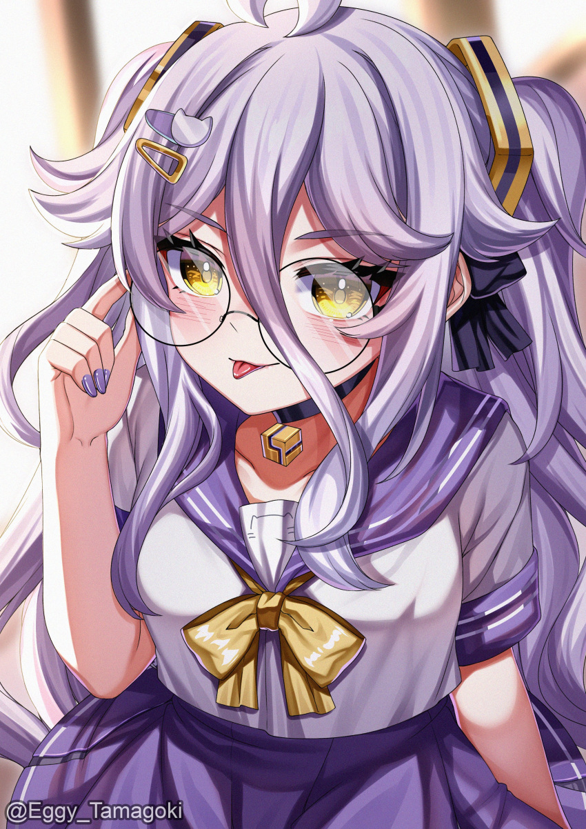 1girl, :p, absurdres, adjusting_eyewear, ahoge, black_choker, black_ribbon, blurry, blurry_background, bow, bowtie, choker, collarbone, eggy_tamagoki, glasses, hair_between_eyes, hair_ornament, hair_ribbon, hairclip, henya_the_genius, highres, long_hair, purple_hair, purple_nails, purple_sailor_collar, purple_skirt, ribbon, round_eyewear, sailor_collar, shirt, short_sleeves, skirt, solo, tongue, tongue_out, twitter_username, vshojo, white_shirt, yellow_bow, yellow_bowtie, yellow_eyes