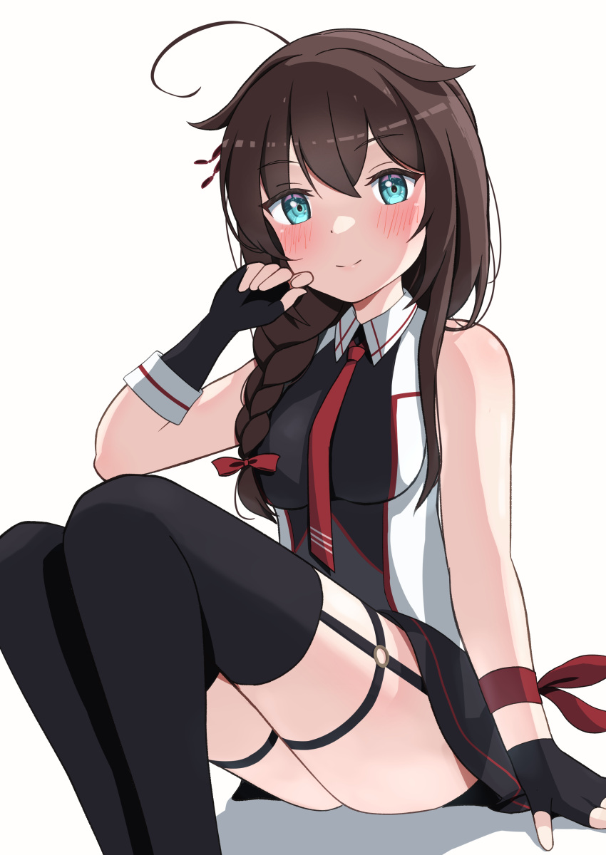 1girl, absurdres, ahoge, black_gloves, black_hair, black_shirt, black_skirt, blue_eyes, braid, fingerless_gloves, gloves, hair_flaps, hair_over_shoulder, highres, kantai_collection, l_meet, long_hair, looking_at_viewer, necktie, pleated_skirt, red_necktie, shigure_(kancolle), shigure_kai_san_(kancolle), shirt, simple_background, single_braid, skirt, sleeveless, sleeveless_shirt, smile, solo, two-tone_shirt, white_background