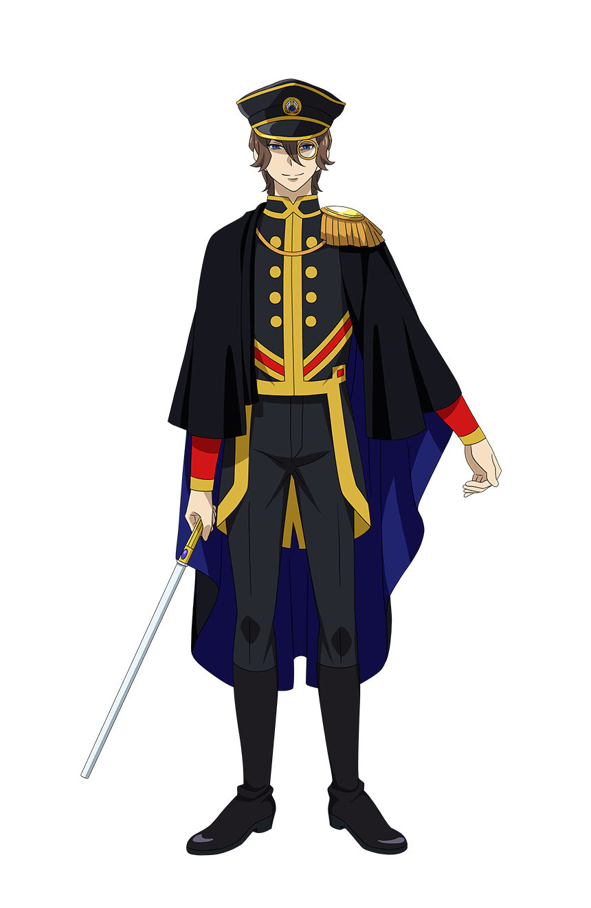 1boy, aiguillette, black_cape, black_footwear, black_hat, black_jacket, black_pants, blue_eyes