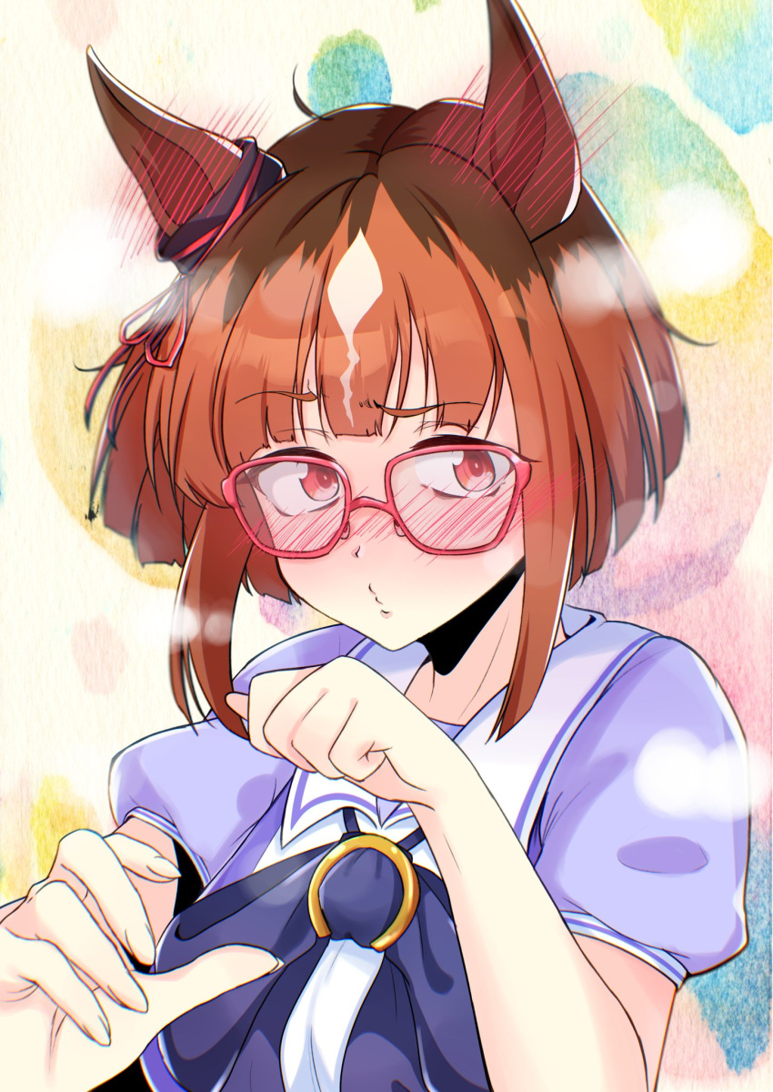 1girl, asikaga_yosimitu, blush, bow, brown_hair, commentary_request, ear_ornament, hair_between_eyes