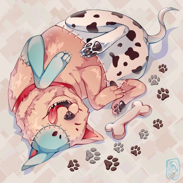 :3, beck, beck_(beck), blue_fur, bone, cartoon_bone, collar, dalmatian_print, dog, furry, ibispaint_(medium), lying, multicolored_fur, no_humans, on_back, onali, paw_pose, paw_print, red_collar, solo, stitched_arm, stitched_face, stitched_torso, stitches, tongue, tongue_out, x_anus, yellow_fur