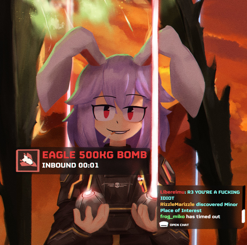 1girl, absurdres, animal_ears, armor, black_armor, breastplate, chat_log, cigarette, commentary, cosplay, english_commentary, english_text, explosion, grin, hair_between_eyes, helldiver_(helldivers), helldiver_(helldivers)_(cosplay), helldivers_(series), highres, lad_der, laser, long_hair, looking_at_viewer, medium_bangs, orange_sky, pauldrons, profanity, purple_hair, rabbit_ears, rabbit_girl, red_eyes, reisen_udongein_inaba, shoulder_armor, sky, smile, solo, touhou, upper_body