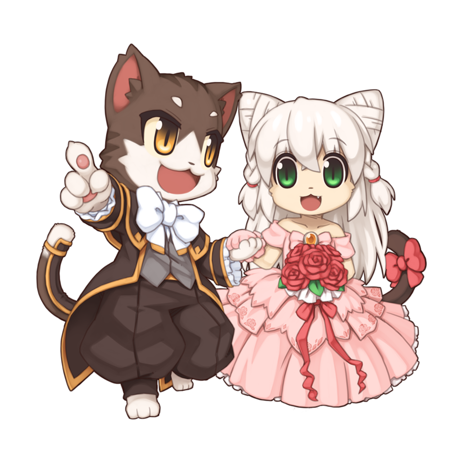 1boy, 1girl, :3, animal_ears, baggy_pants, barefoot, black_coat, black_pants, bouquet, bow, bowtie, braid, brown_eyes, cat_boy, cat_ears, cat_girl, cat_tail, chibi, coat, cone_hair_bun, dress, fang, flower, full_body, furry, furry_female, furry_male, furry_with_furry, gold_trim, green_eyes, grey_vest, groom, hair_bun, hetero, holding, holding_bouquet, holding_hands, long_hair, long_sleeves, off-shoulder_dress, off_shoulder, official_art, open_mouth, pants, pink_dress, pointing, ragnarok_online, red_bow, red_flower, red_rose, rose, short_sleeves, simple_background, smile, tail, tail_armor, tail_bow, tail_ornament, transparent_background, twin_braids, vest, wedding, wedding_dress, white_bow, white_bowtie, white_hair, yuichirou
