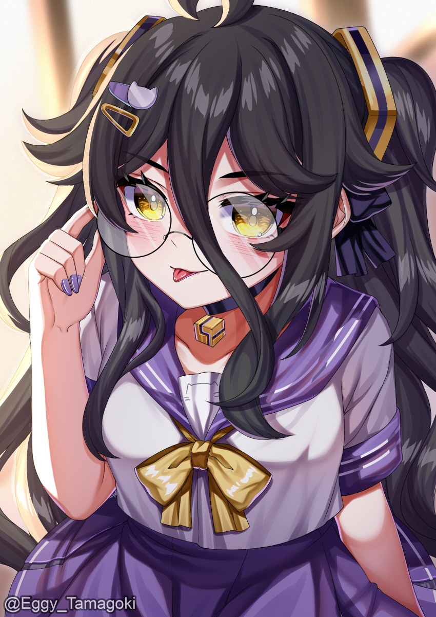 1girl, :p, absurdres, adjusting_eyewear, ahoge, alternate_color, black_choker, black_hair, black_ribbon, blurry, blurry_background, bow, bowtie, choker, collarbone, eggy_tamagoki, glasses, hair_between_eyes, hair_ornament, hair_ribbon, hairclip, henya_the_genius, highres, long_hair, purple_nails, purple_sailor_collar, purple_skirt, ribbon, round_eyewear, sailor_collar, school_uniform, shirt, short_sleeves, skirt, solo, tongue, tongue_out, twitter_username, vshojo, white_shirt, yellow_bow, yellow_bowtie, yellow_eyes