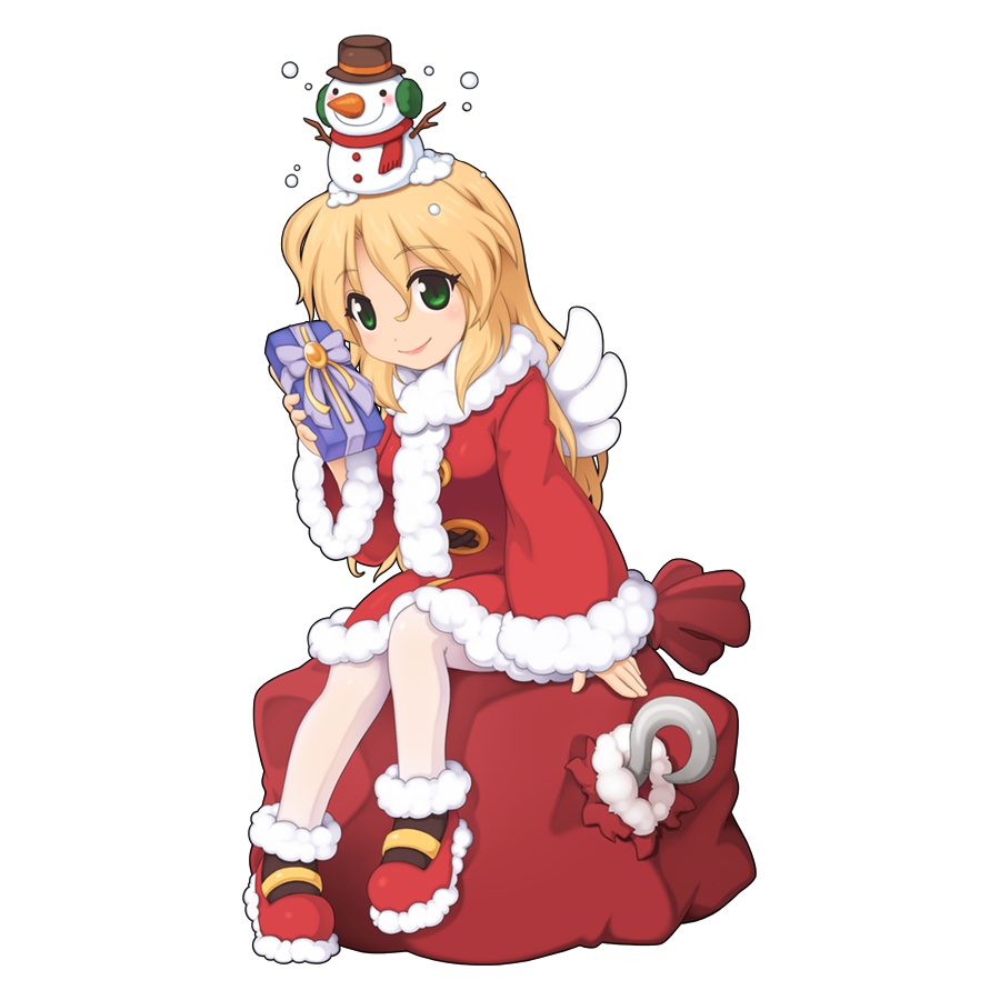 1girl, blonde_hair, box, closed_mouth, coat, feathered_wings, full_body, fur-trimmed_coat