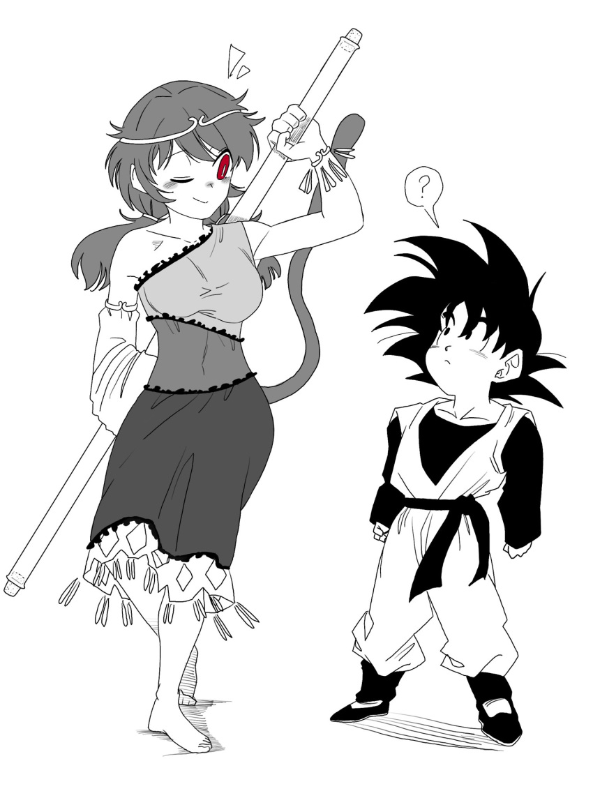 1boy, 1girl, ?, barefoot, bo_staff, breasts, circlet, closed_mouth
