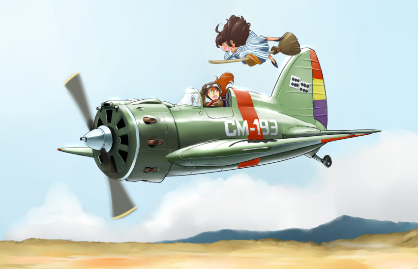 airplane, broom, broom_riding, commentary, dice, flying, goggles, goggles_on_head