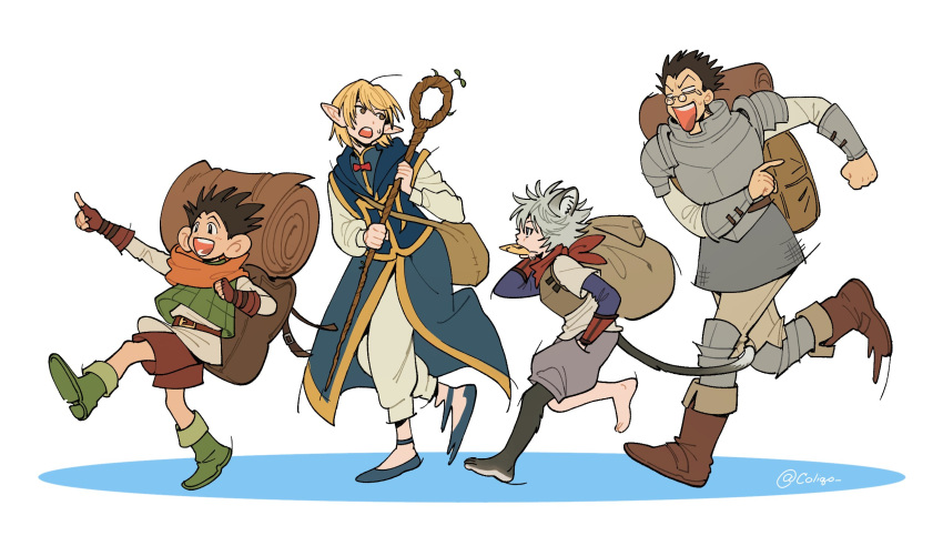 4boys, adapted_costume, alternate_species, ambrosia_(dungeon_meshi), animal_ears, ankle_boots, arm_guards, armor