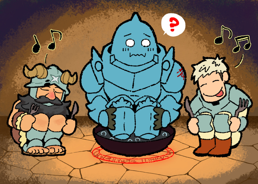 2boys, ?, air_bubble, alphonse_elric, armor, beard, black_hair, boiling, boots, bubble, closed_eyes, commentary, confused, cooking, covered_mouth, crossover, duckmeat_woohoo, dungeon_meshi, dwarf, english_commentary, facial_hair, facing_viewer, fake_horns, fork, full_armor, fullmetal_alchemist, fur_trim, grey_hair, happy, helmet, highres, holding, holding_fork, horned_helmet, horns, humming, in_container, laios_touden, long_beard, magic_circle, male_focus, multiple_boys, musical_note, mustache, o_o, pants, plate_armor, sandals, senshi_(dungeon_meshi), short_hair, sitting, spoken_question_mark, squatting, tongue, tongue_out, waiting, wok
