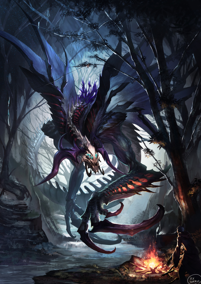 1boy, absurdres, animal_focus, blue_eyes, blue_wings, campfire, claws, commentary