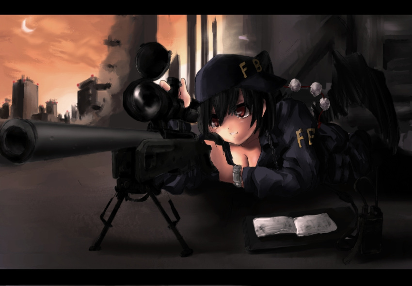 baseball_cap, bipod, black_hair, breasts, cleavage, fbi, gun, hat