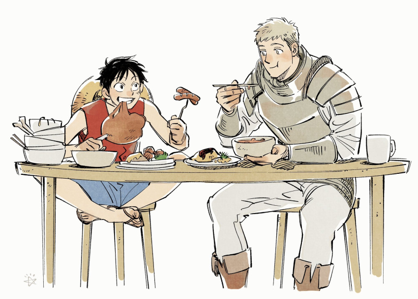 2boys, :t, armor, black_hair, blue_shorts, boned_meat, boots, bowl