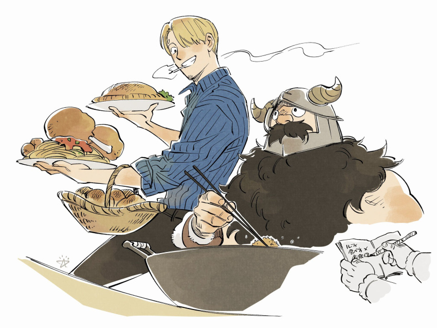 2boys, bare_shoulders, basket, beard, black_hair, black_pants, blonde_hair, blue_shirt, boned_meat, book, bread, chopsticks, cigarette, collared_shirt, commentary, covered_mouth, crossover, dam_(okdam3), deep_frying, dungeon_meshi, dwarf, english_commentary, facial_hair, facial_mark, fake_horns, food, forehead_mark, fur_trim, height_difference, helmet, highres, holding, holding_chopsticks, holding_plate, horned_helmet, horns, long_beard, long_sleeves, looking_at_another, looking_at_viewer, looking_back, male_focus, meat, mouth_hold, multiple_boys, mustache, notebook, one_piece, open_book, pants, pasta, pie, plate, sanji_(one_piece), senshi_(dungeon_meshi), shirt, short_hair, sleeves_rolled_up, smoke, smoking, spaghetti, stubble, trait_connection, walking, writing
