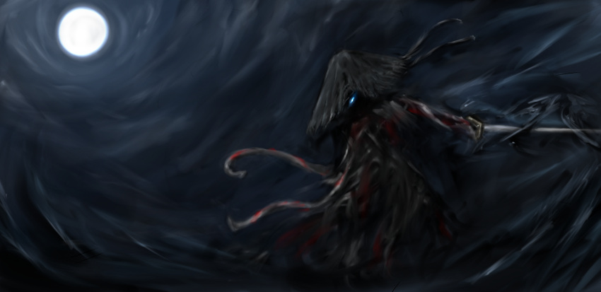 1boy, black_robe, blood, blood_on_clothes, blue_eyes, commentary_request, full_moon, glowing