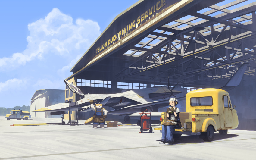 cat, earmuffs, eating, fire_extinguisher, food, gloves, gugu_(monkey), hangar