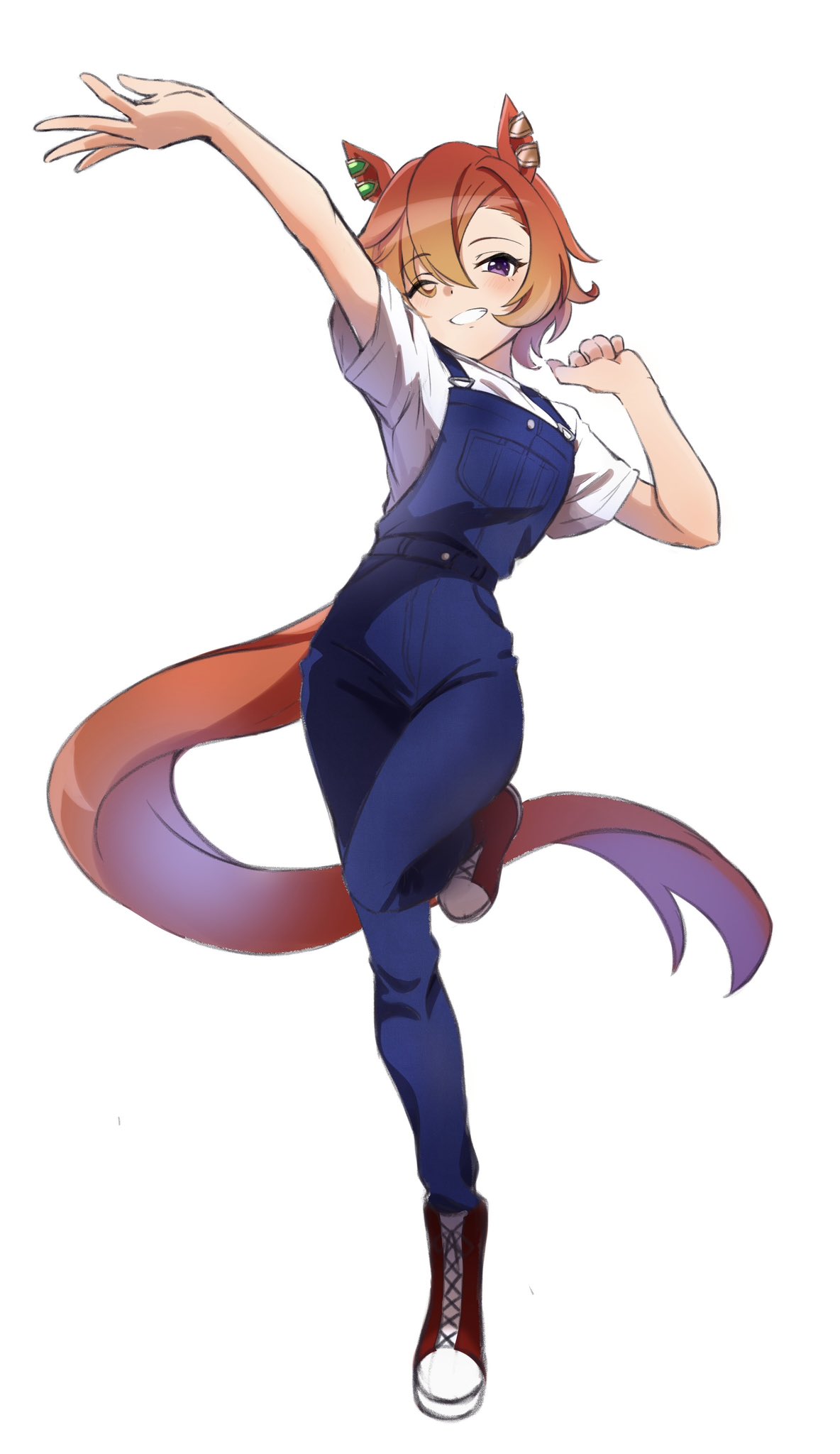 1girl, ;), alternate_costume, animal_ears, arm_up, blue_overalls, casual, chokotabetai00, commission, full_body, hair_between_eyes, highres, horse_ears, horse_girl, leg_up, looking_at_viewer, one_eye_closed, orange_hair, overalls, red_footwear, shirt, short_hair, simple_background, smile, solo, t-shirt, t.m._opera_o_(umamusume), umamusume, violet_eyes, white_background, white_shirt