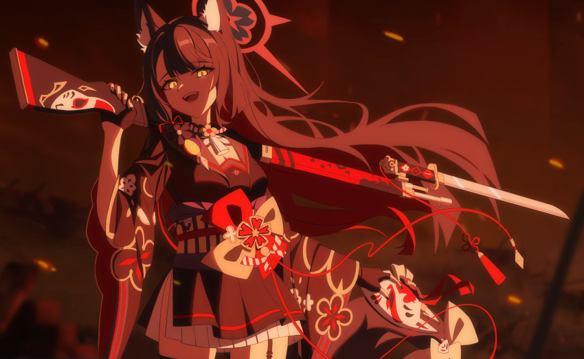 1girl, :d, absurdres, animal_ears, arisaka, bayonet, black_gloves, black_kimono