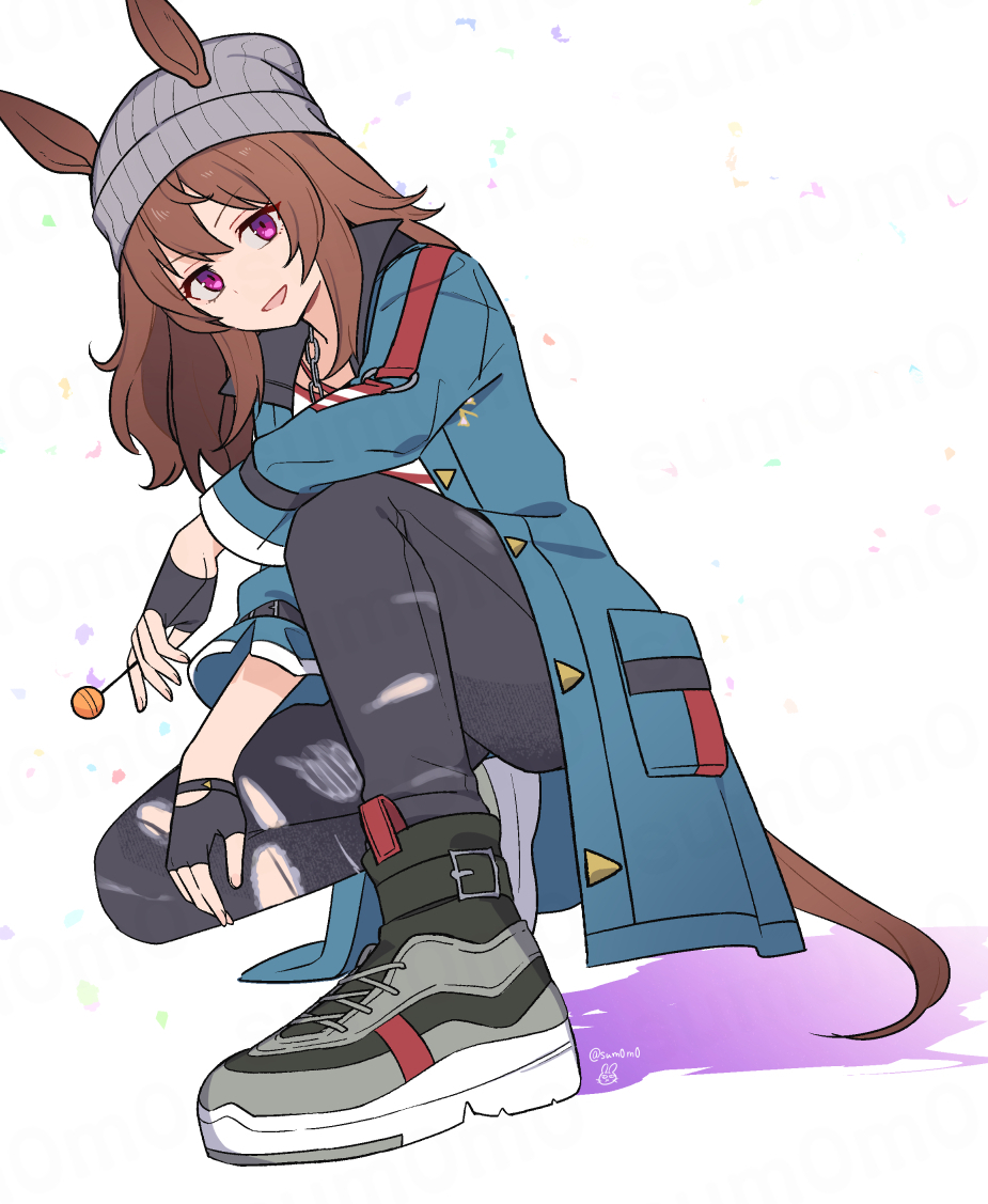 1girl, animal_ears, beanie, black_gloves, black_pants, blue_coat, brown_hair, candy