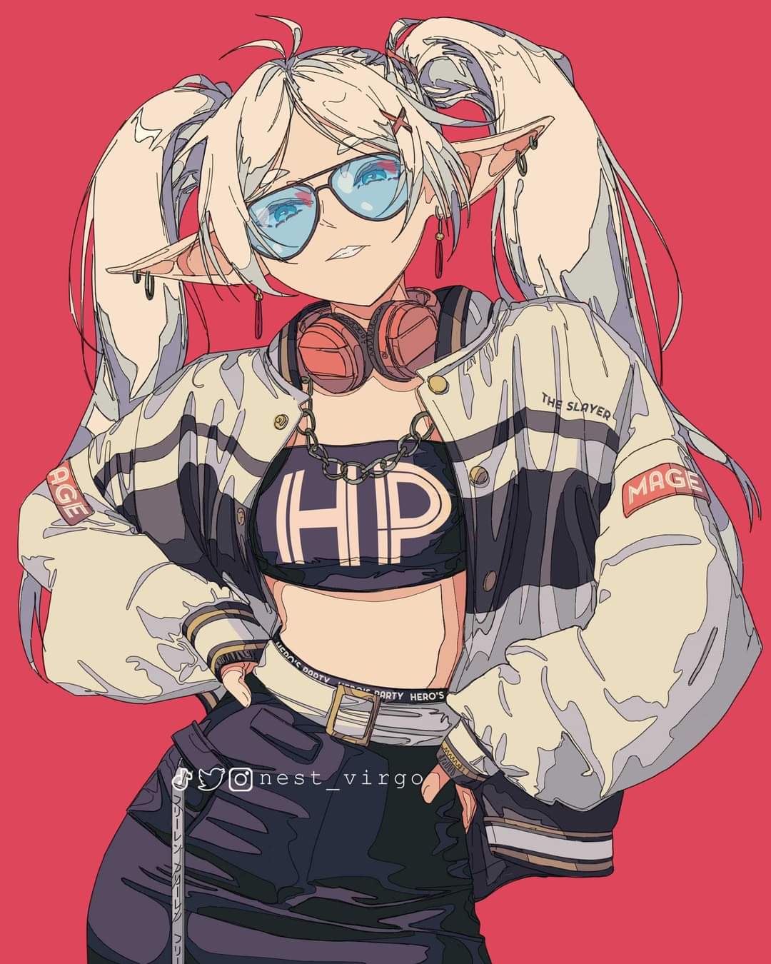 1girl, elf, frieren, headset, instagram_username, long_hair, sousou_no_frieren, sunglasses