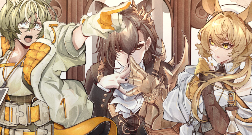 3girls, absurdres, allegra_clark, animal_ears, arknights, bare_shoulders, black_jacket, black_nails, blonde_hair, blue_eyes, brown_hair, cheschorv, commentary, commission, dorothy_(arknights), glasses, grey_hair, highres, hourglass, jacket, long_sleeves, multiple_girls, nail_polish, open_clothes, open_jacket, open_mouth, own_hands_together, penance_(arknights), pointing, proviso_(arknights), shirt, upper_body, voice_actor_connection, white_hat, white_jacket, white_shirt, wolf_ears, yellow_eyes
