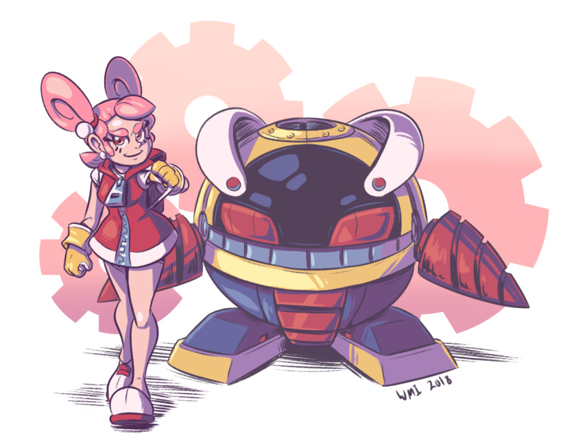 1girl, bare_legs, clenched_hands, dated, double_bun, dress, drill_dozer, earrings