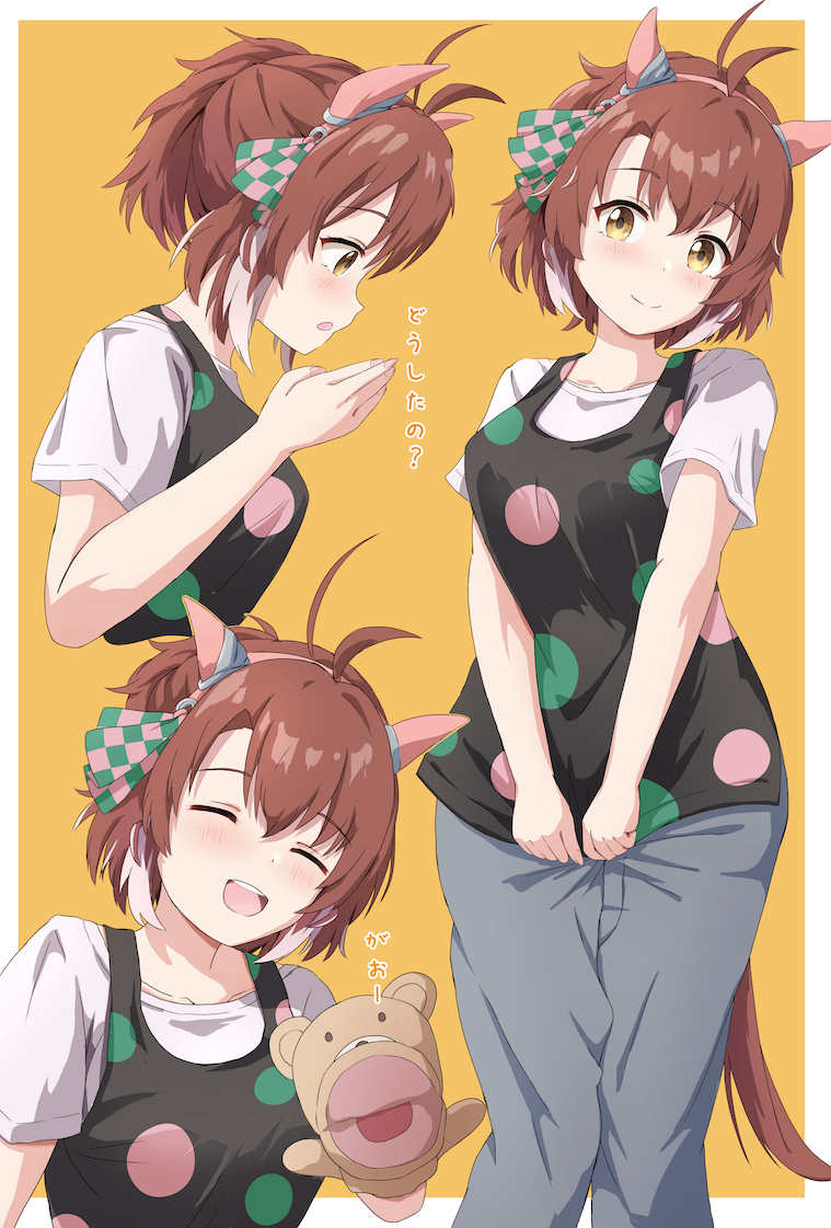 1girl, animal_ears, apron, black_apron, border, brown_hair, dantsu_flame_(umamusume), ear_covers
