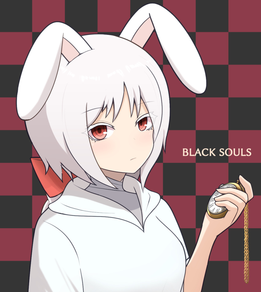 1girl, animal_ears, black_souls, braid, chain, checkered_background, cloak, closed_mouth