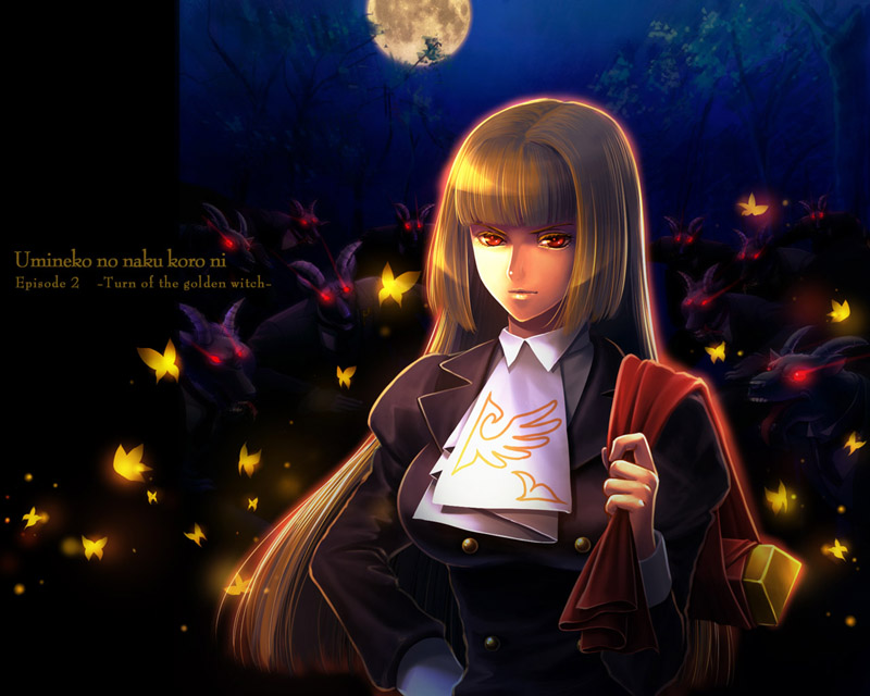breasts, brown_hair, butterfly, cravat, dress, full_moon, glowing, glowing_eyes
