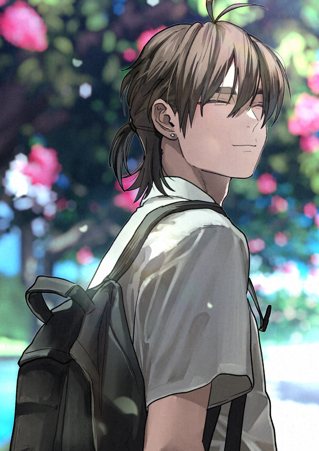 1boy, backpack, bag, blurry, blurry_background, brown_hair, closed_eyes, collared_shirt, contemporary, day, depth_of_field, earrings, facing_viewer, gegege_no_kitarou, half_updo, jewelry, kitarou_tanjou:_gegege_no_nazo, male_focus, momoka_(abc_momoka0718), nagata_genji, ponytail, school_uniform, shirt, short_sleeves, solo, stud_earrings