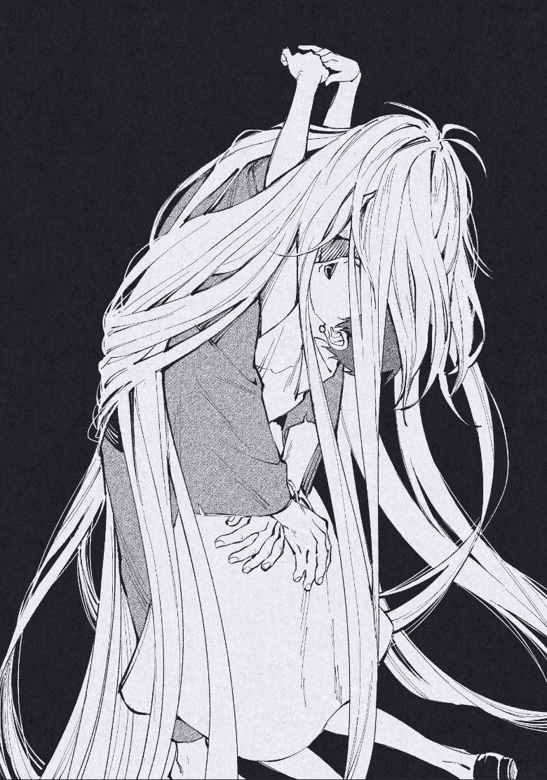 1boy, 1girl, absurdly_long_hair, arms_up, couple, covered_eyes, dress, earrings, face-to-face, facing_another, facing_down, facing_up, gegege_no_kitarou, greyscale, hetero, hituji89tarou, hug, iwako_(gegege_no_kitarou), japanese_clothes, jewelry, kimono, kiss, kitarou_tanjou:_gegege_no_nazo, kneeling, long_hair, long_sleeves, medama_oyaji, medama_oyaji_(human), monochrome, obi, open_mouth, sash, short_hair, simple_background, smile, standing, very_long_hair
