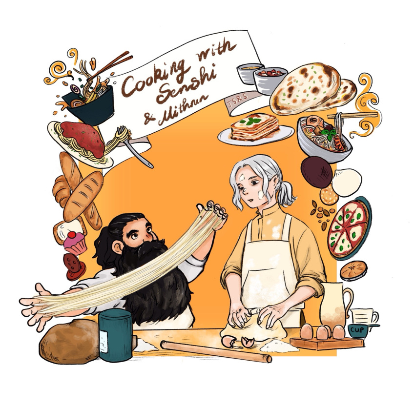 2boys, beard, bread, brown_hair, chef, cooking, dough, dungeon_meshi, dwarf, egg, english_text, facial_hair, food, grey_hair, highres, justshipsandstuff, kneading_dough, long_beard, male_focus, mithrun, senshi_(dungeon_meshi), thick_mustache, very_long_beard