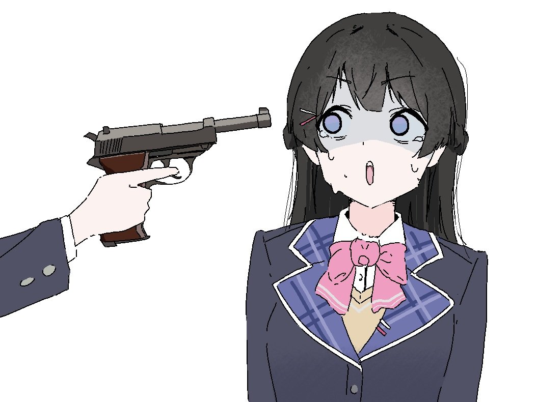 1girl, 1other, aiming, ambiguous_gender, black_hair, black_jacket, blazer, blue_eyes