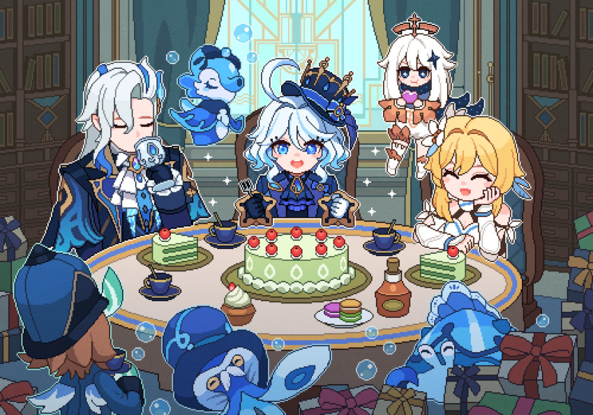 1boy, 4girls, :d, :t, ^_^, ahoge, ascot, asymmetrical_bangs