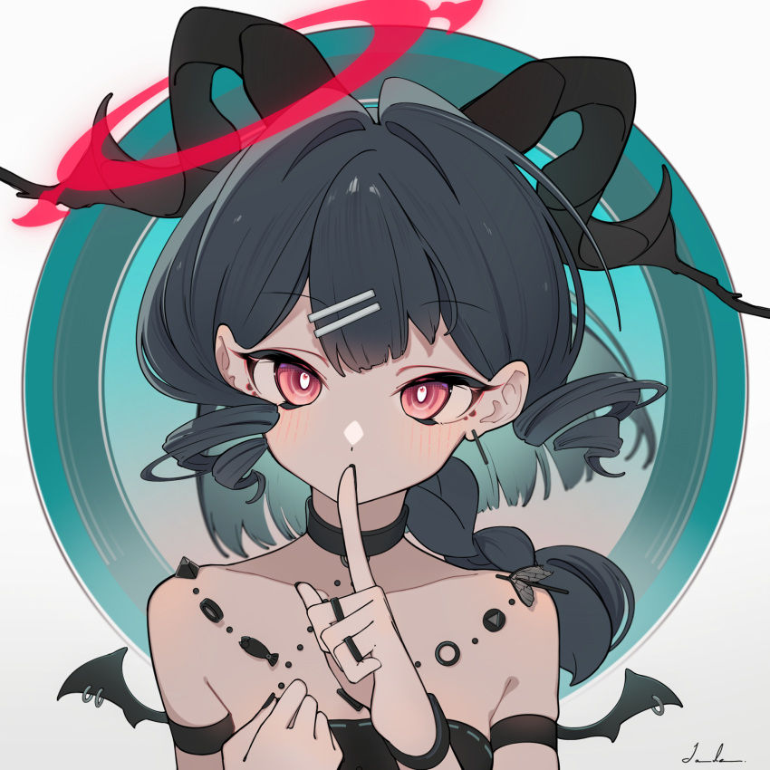 1girl, black_wings, blush, collar, collarbone, finger_to_mouth, grey_hair, hair_ornament