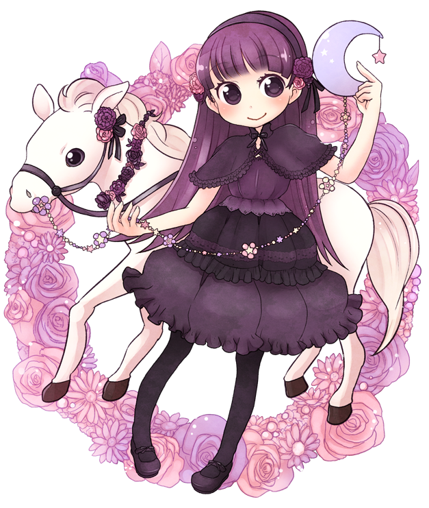 crescent_moon, dress, flower, horse, original, shinryo_rei, shinryou_rei, solo