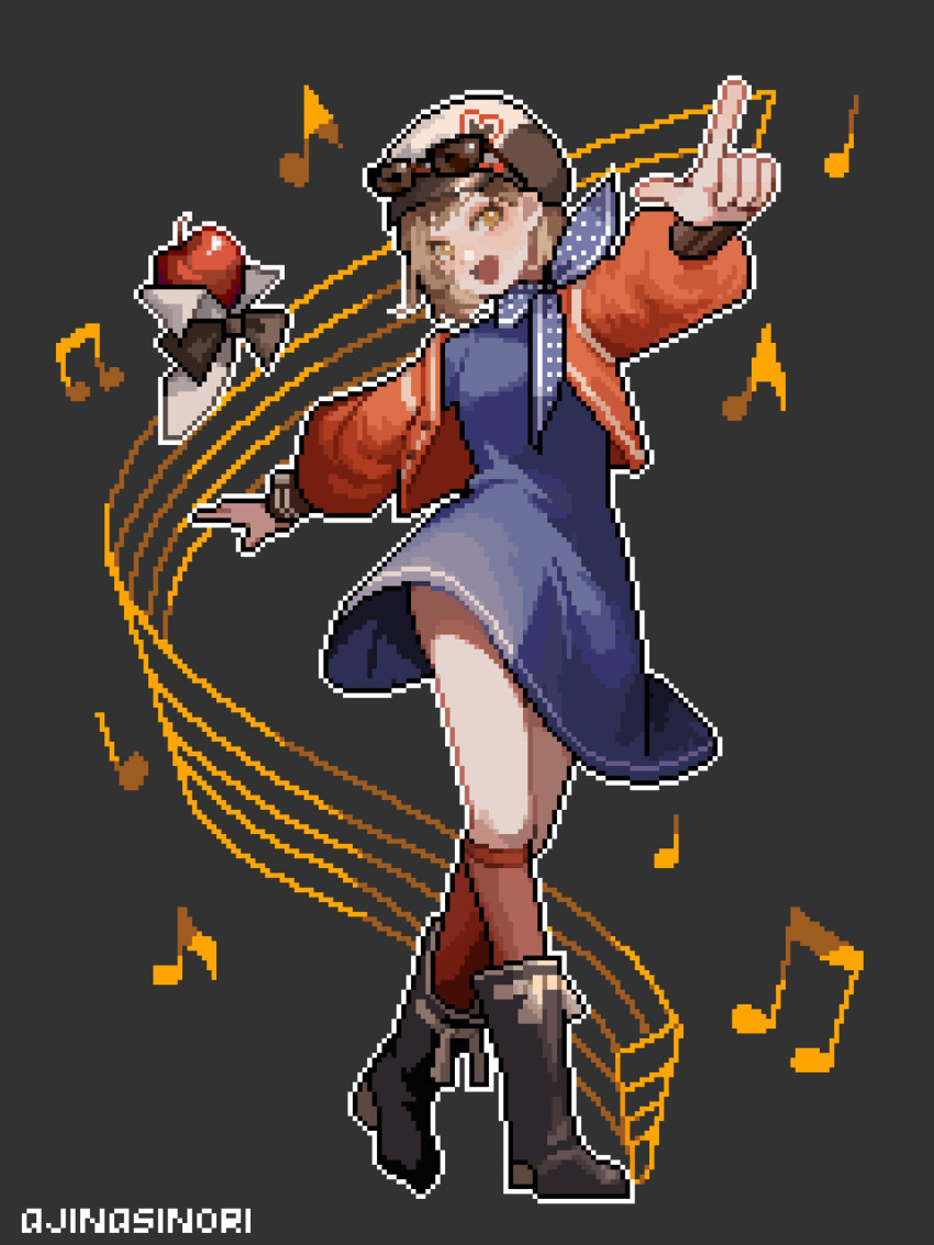 1girl, :d, ajinasi_nori, apple, apple_(reverse:1999), artist_name, beamed_eighth_notes, black_bow