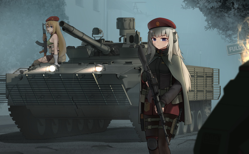 2girls, absurdres, ak-47, ak-47_(girls'_frontline), ak-74m, ak74m_(girls'_frontline), akm, armored_vehicle, assault_rifle, beret, black_gloves, black_thighhighs, blonde_hair, blue_eyes, bmp-3, brown_shorts, cloak, combat_knife, commentary, commission, ear_protection, expressionless, fingerless_gloves, fire, fog, girls_frontline, gloves, gun, hat, highres, holding, holding_gun, holding_weapon, kalashnikov_rifle, knee_pads, knife, long_hair, looking_at_viewer, multiple_girls, outdoors, ovvvgog13235, pouch, red_skirt, rifle, sheath, sheathed, shorts, single_knee_pad, sitting, skirt, thigh-highs, violet_eyes, weapon, white_gloves, white_hair