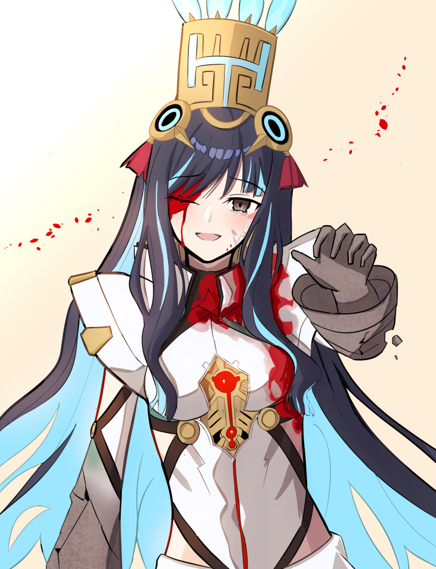 1girl, black_hair, blood, blood_on_clothes, blood_on_face, blue_hair, colored_inner_hair, fate/grand_order