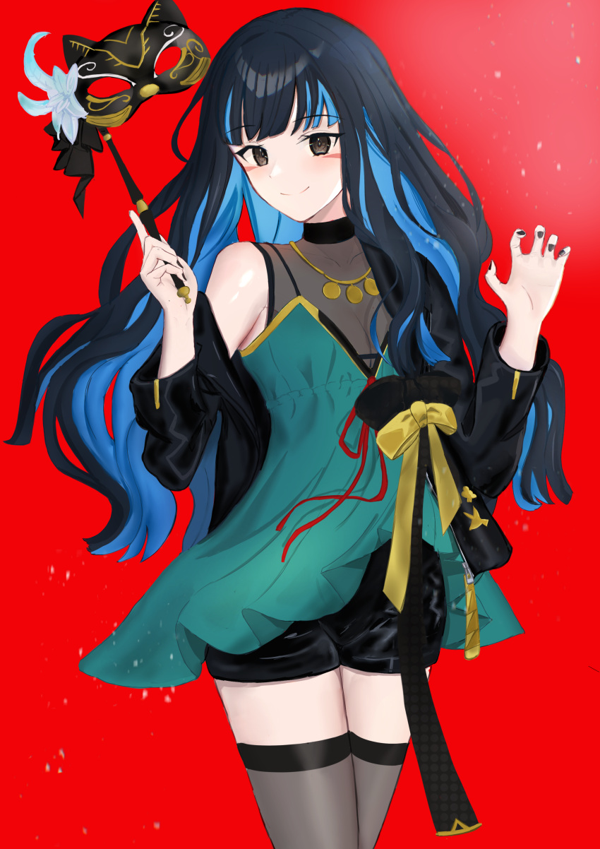 1girl, absurdres, bare_shoulders, black_hair, black_nails, blue_hair, colored_inner_hair, dress, fate/grand_order, fate_(series), green_dress, grey_eyes, highres, jacket, jewelry, long_hair, looking_at_viewer, mask, multicolored_hair, nail_polish, red_background, shorts, smile, solo, tenochtitlan_(event_portrait)_(fate), tenochtitlan_(fate), uriuriyukitti