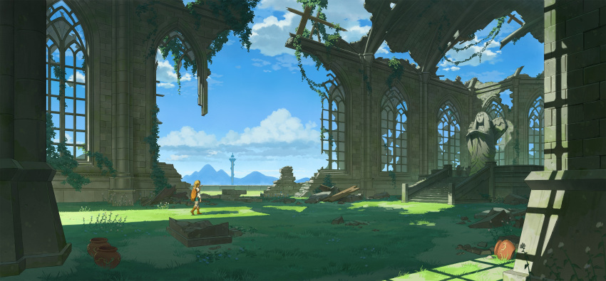 1boy, absurdres, blonde_hair, boots, building, champion's_tunic_(zelda), clouds, commentary