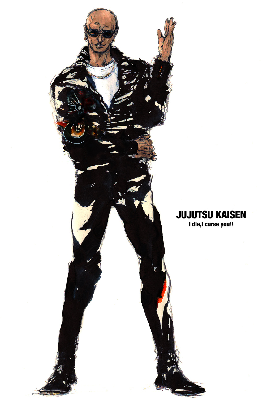 1boy, absurdres, bald, black_footwear, black_jacket, black_pants, copyright_name, dark-skinned_male