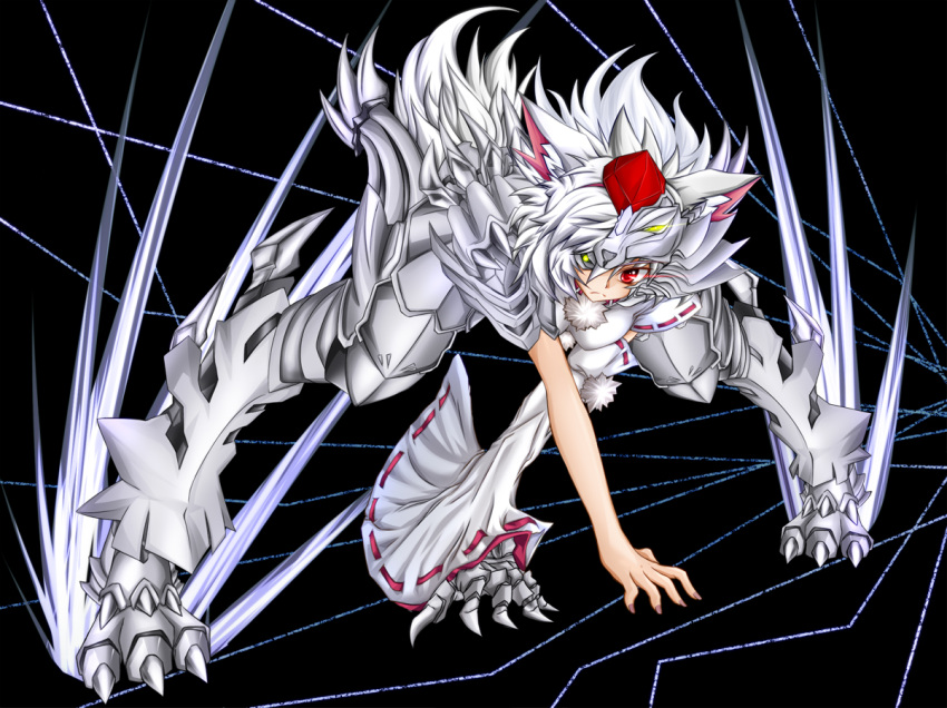 animal_ears, detached_sleeves, feral, fusion, hat, inubashiri_momiji, kamen_rider, kamen_rider_555, kumapan, parody, red_eyes, tail, tokin_hat, touhou, white_hair, wolf_ears, wolf_orphnoch, wolf_tail