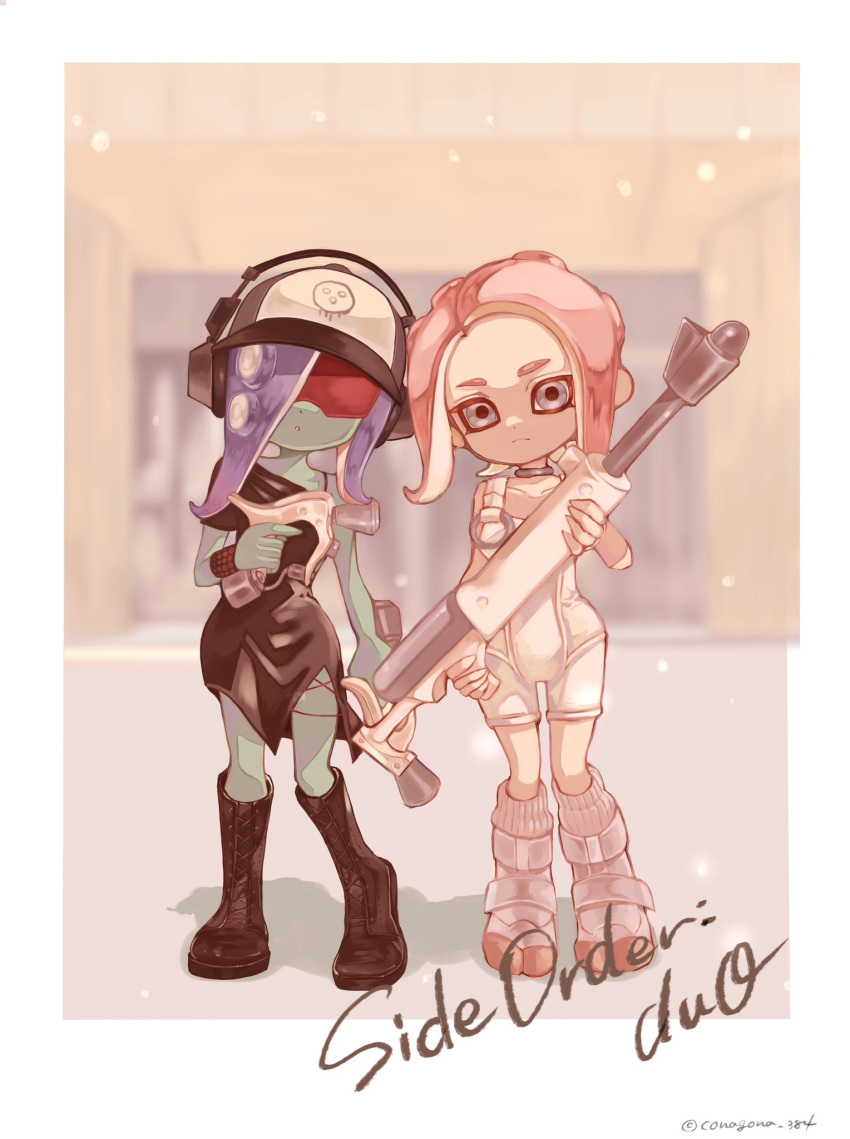 2girls, agent_8_(splatoon), baseball_cap, black_dress, black_footwear, blue_hair, blurry, blurry_background, bodysuit, boots, border, closed_mouth, colored_skin, commentary, conagona_384, copyright_name, cross-laced_footwear, cross-laced_slit, dedf1sh, dress, english_commentary, green_skin, gun, hat, headphones, headphones_over_headwear, highres, holding, holding_gun, holding_weapon, long_hair, multiple_girls, octoling, octoling_girl, octoling_player_character, order_charger_(splatoon), order_dualies_(splatoon), outside_border, print_headwear, red-tinted_eyewear, sanitized_(splatoon), sleeveless, sleeveless_bodysuit, socks, splatoon_(series), splatoon_3, splatoon_3:_side_order, sunglasses, tentacle_hair, tinted_eyewear, weapon, white_bodysuit, white_border, white_footwear, white_socks